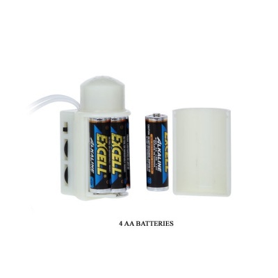 Porta-pilhas branco com quatro pilhas AA azuis e pretas da marca EXCELL e uma pilha AA separada ALKALINE