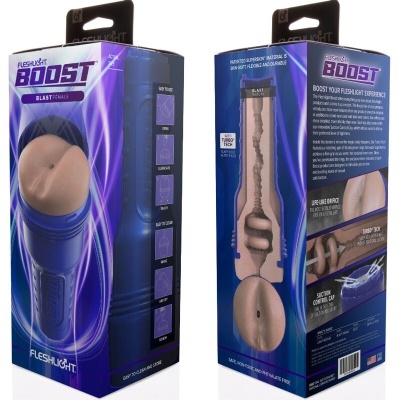 Embalagem do produto Fleshlight Boost Blast Black com imagens e texto