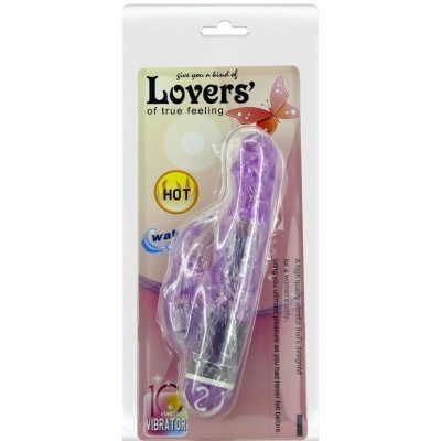 Vibrador roxo em embalagem com texto Lovers, HOT, waterproof e 10 Function VIBRATOR