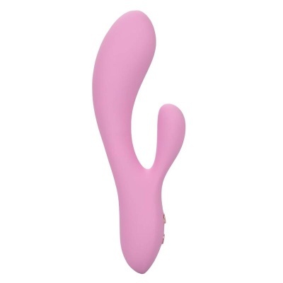 Vibrador rosa em silicone com design curvo e elemento menor lateral