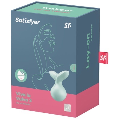 Caixa azul escuro, verde e rosa do vibrador Satisfyer Viva la Vulva 3 com texto e desenho de rosto feminino