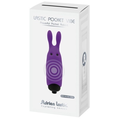 Embalagem de vibrador roxo 'LASTIC POCKET VIBE' com texto e logo em fundo branco