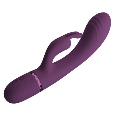 Vibrador roxo com estimulador menor e botões de controlo