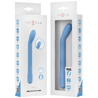 Vibrador azul Intense modelo Karlie em embalagem branca com janelas transparentes