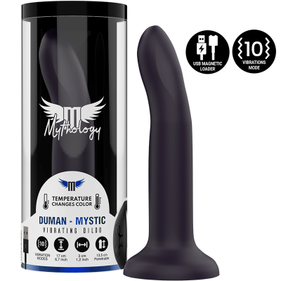 Dildo vibratório preto curvo da Mythology em embalagem cilíndrica