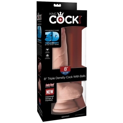 Dildo KING COCK PLUS de 8 polegadas em embalagem preta com texto azul e vermelho