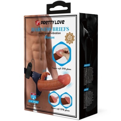 Embalagem do arnês com dildo Pretty Love Harness Briefs multi-speed vibration Men em cores castanha e preto