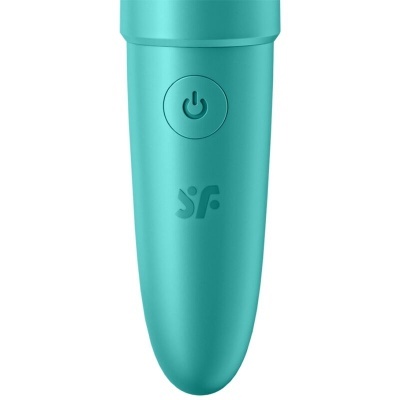 Dispositivo azul turquesa com botão de ligar e logo 'sf'