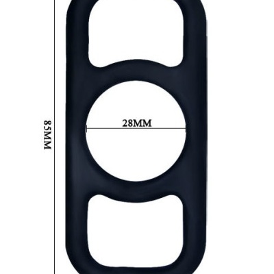 Anel elíptico preto com três aberturas e medidas em milímetros.