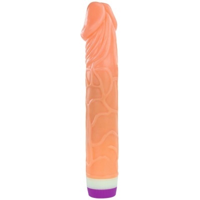 Vibrador cor salmão com base roxa e branca e textura anatómica