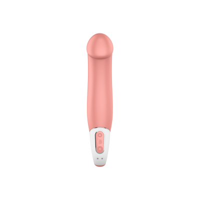 Vibrador rosa com base branca e botões em fundo branco.