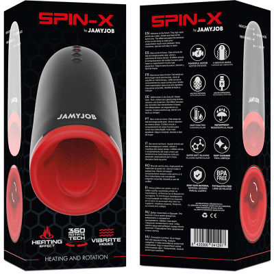 Embalagem do produto SPIN-X by JAMYJOB com dispositivo preto e vermelho e descrições detalhadas