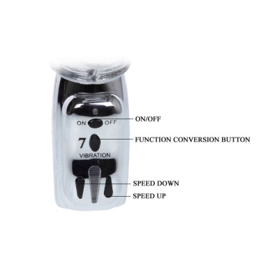 Dispositivo eletrônico prateado com botões e texto explicativo em inglês