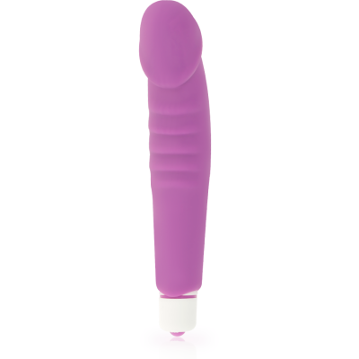 Vibrador roxo com base branca em fundo branco
