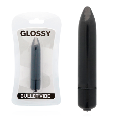 Vibrador tipo bullet preto brilhante com embalagem plástica transparente