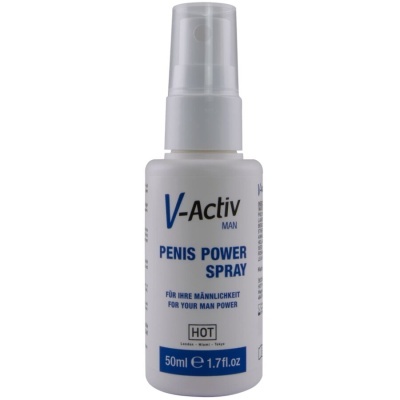 Spray V-Activ Penis Power em frasco branco com texto azul e preto