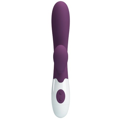 Vibrador roxo com base branca e botões de controlo
