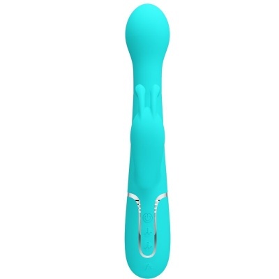 vibrador azul turquesa em silicone com parte frontal em forma de coelho