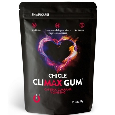 Saco preto de chiclete CLIMAX GUM com coração colorido em chamas e texto informativo