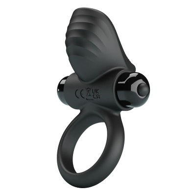 Anel vibratório preto com design ondulado e cilindro metálico
