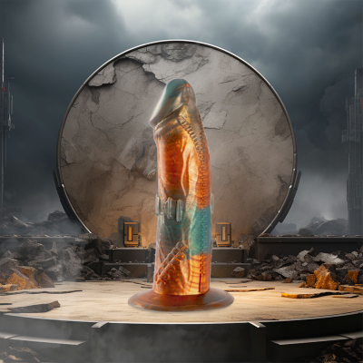 Dildo de silicone translúcido laranja e azul em palco circular com fundo rachado