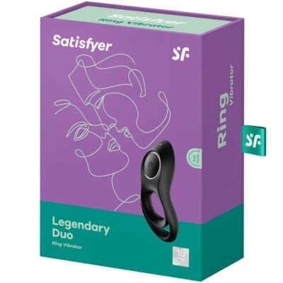 Embalagem de vibrador anel Satisfyer Legendary Duo roxa e verde com imagem artística e vibrador preto