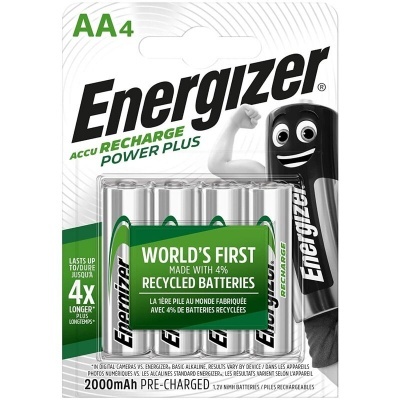 Pacote de 4 pilhas recarregáveis AA Energizer com capacidade 2000mAh e 4% de materiais reciclados
