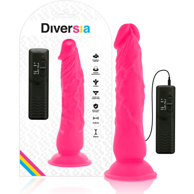 Dildo vibratório rosa com ventosa e controle remoto preto, embalagem da marca Diversia.