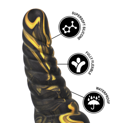 Produto negro e dourado de silicone com textura ondulada e ícones explicativos.