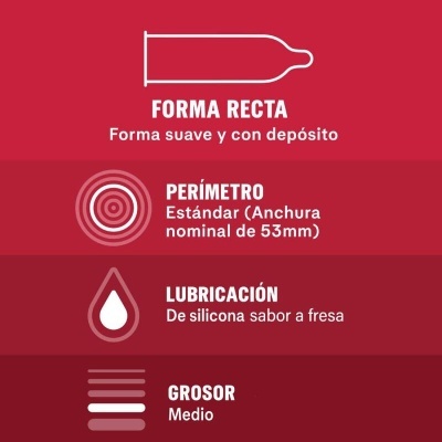Imagem vermelha com texto em espanhol e ícones sobre preservativo com forma recta, perímetro, lubrificação e grosso.