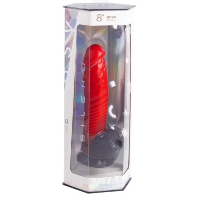 Dildo vermelho e preto em silicone embalado em caixa transparente hexagonal