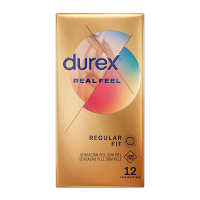 Embalagem dourada de preservativos Durex Real Feel com 12 unidades