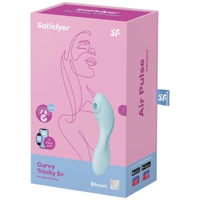 Embalagem rosa do vibrador Curvy Trinity 5+ azul claro da marca Satisfyer com ilustração artística e texto