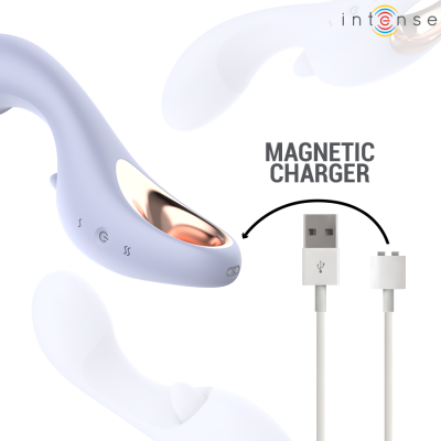 Dispositivo ergonómico lilás com zonas douradas e carregador USB magnético branco