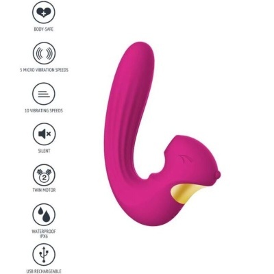 Vibrador rosa em silicone com detalhes dourados e ícones informativos ao lado