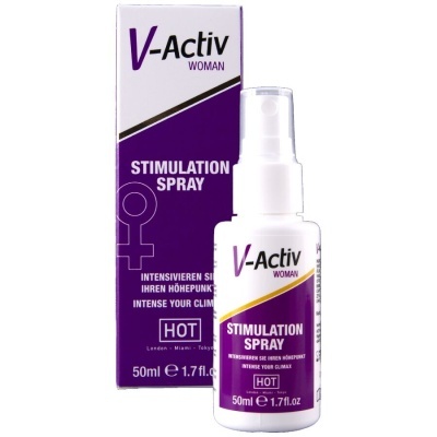 Spray de estimulação V-Activ Woman 50ml com caixa e frasco roxo e branco