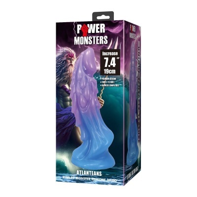 Embalagem de dildo de silicone em tons roxo e azul com design de monstro ondulado