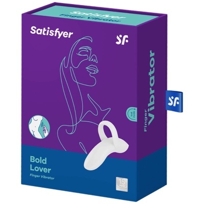 Embalagem roxa e azul do vibrador de dedo Satisfyer Bold Lover com imagem do produto e ilustração minimalista.