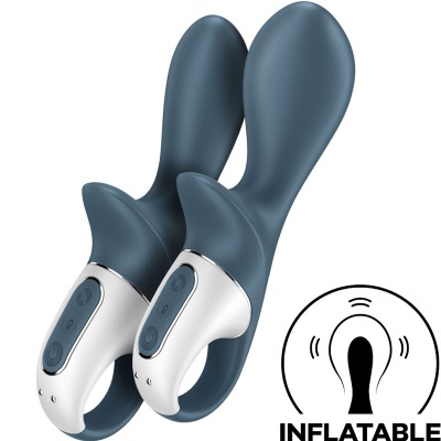 Dois vibradores azuis com base branca e botões, junto a um ícone preto com palavra INFLATABLE