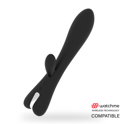 Vibrador sexual preto de silicone com duas extremidades e controlo tátil.