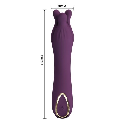 Vibrador roxo com botão dourado e dimensões indicadas