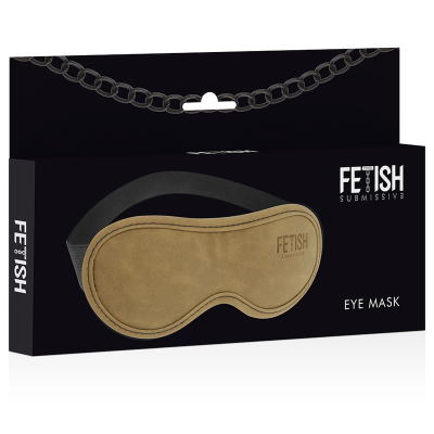 Máscara castanha para olhos com elástico preto em embalagem preta com texto 'FETISH SUBMISSIVE' e 'EYE MASK'.