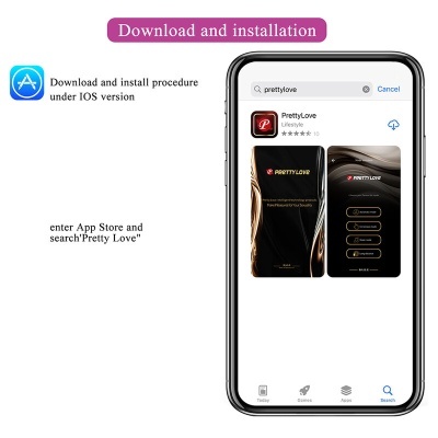Smartphone com ecrã da App Store a mostrar a app PrettyLove e instruções de download e instalação.