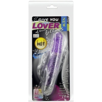 Embalagem contendo vibrador texturizado roxo e estimulador menor