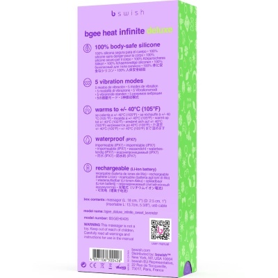 Caixa de embalagem de produto bgee heat infinite deluxe em silicone lilás e verde com texto descritivo