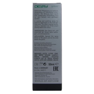 Embalagem de spray DELAY SPRAY, 50ml, com texto em alemão e inglês, instruções, ingredientes e informações de segurança.