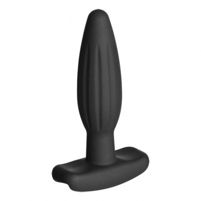 Plug anal preto de silicone com textura acanalada e base larga
