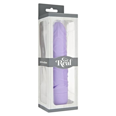 Vibrador lilás de silicone em embalagem transparente com texto 'Get Real'.