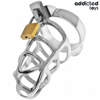 Dispositivo metálico prateado com cadeado dourado e aro circular, marca addicted toys