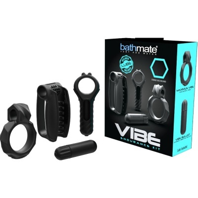 Kit Bathmate Vibe Endurance com quatro acessórios sexuais pretos e embalagem azul e preta